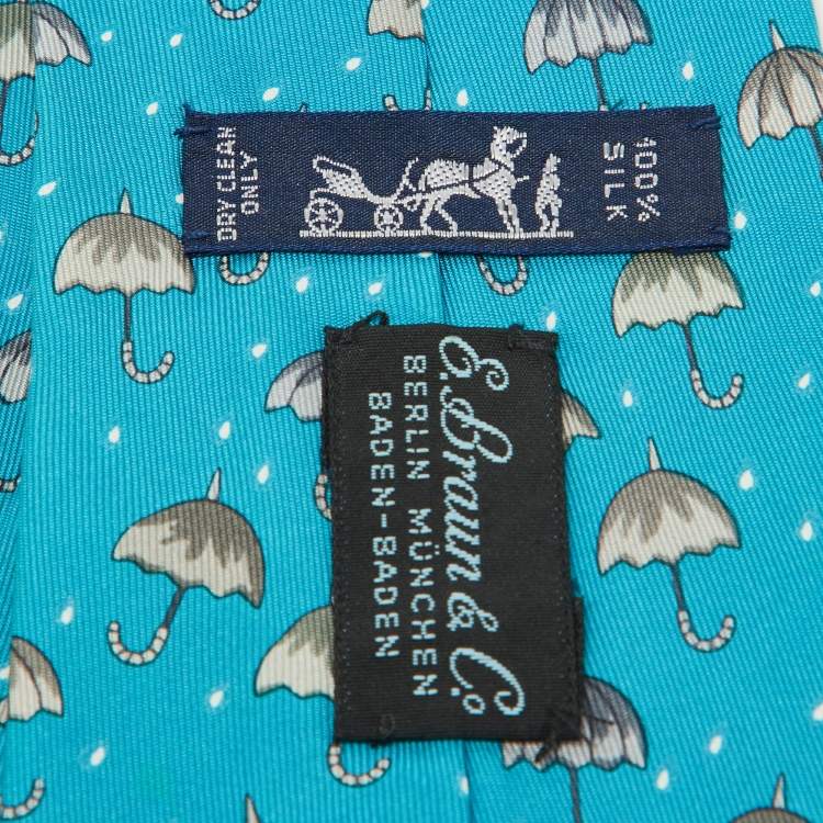 Pre Owned Hermes Blue/Grey Umbrella Print Silk Classic Tie