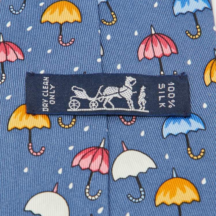 Pre Owned Hermes Multicolor Umbrella Print Silk Classic Tie