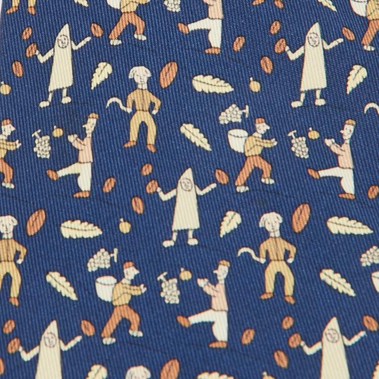 Pre Owned Hermes Blue Les Vendanges Print Silk Classic Tie