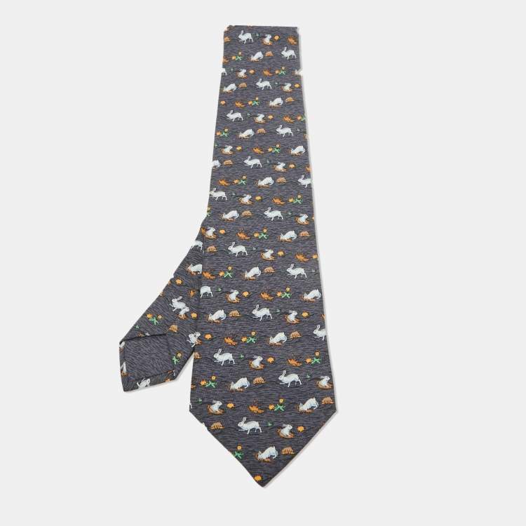 Pre Owned Hermes Grey Rabbit Print Silk Classic Tie