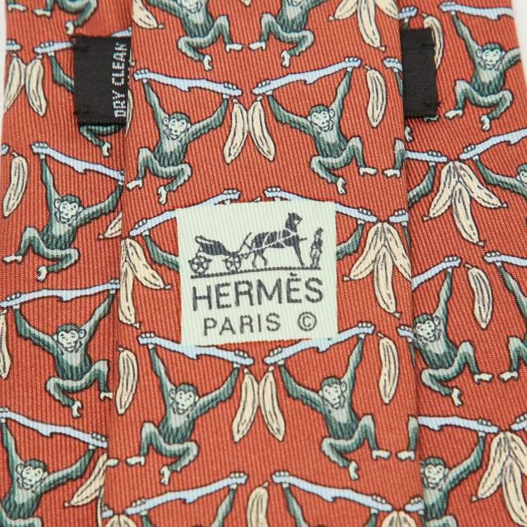Pre Owned Hermes Multicolor Monkey Print Silk Classic Tie