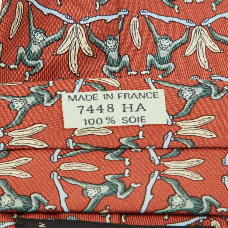 Pre Owned Hermes Multicolor Monkey Print Silk Classic Tie