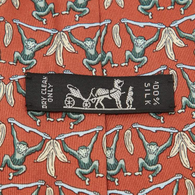 Pre Owned Hermes Multicolor Monkey Print Silk Classic Tie