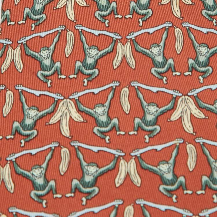 Pre Owned Hermes Multicolor Monkey Print Silk Classic Tie