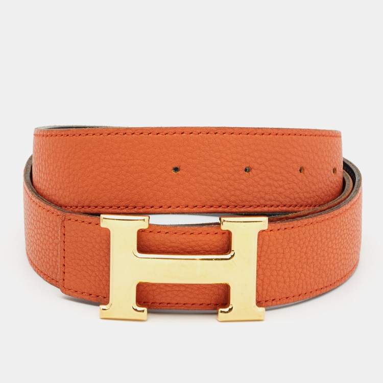 Pre Owned Hermès Orange/Noir Togo and Chamonix Leather H Buckle Reversible Belt 105 CM