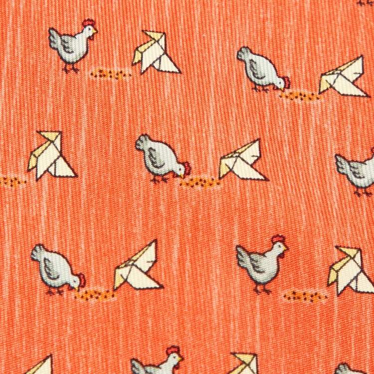 مملوكة مسبقًا Hermès Orange Whimsical Chicken Print Silk Tie