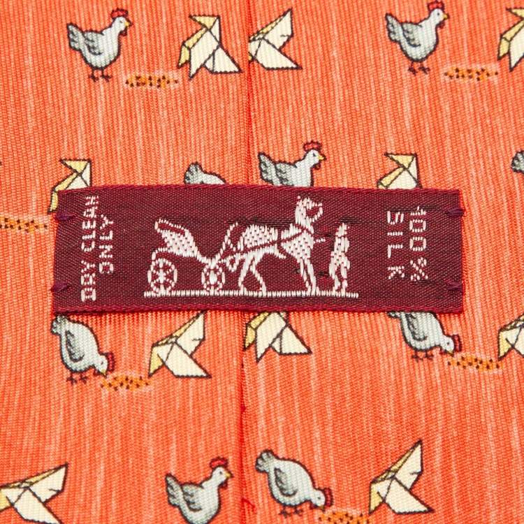 مملوكة مسبقًا Hermès Orange Whimsical Chicken Print Silk Tie