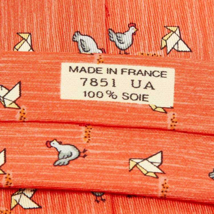 مملوكة مسبقًا Hermès Orange Whimsical Chicken Print Silk Tie