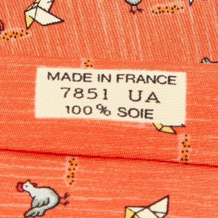 Pre Owned Hermès Orange Whimsical Chickens Print Silk Classic Tie