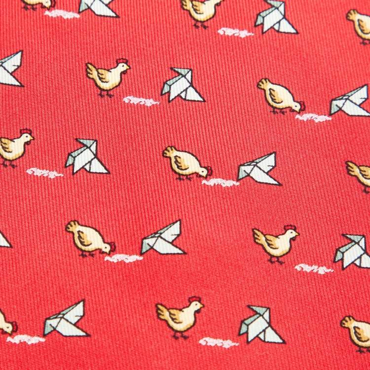 Pre Owned Hermès Red Whimsical Chickens Print Silk Classic Tie