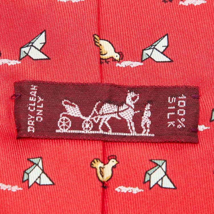 Pre Owned Hermès Red Whimsical Chickens Print Silk Classic Tie