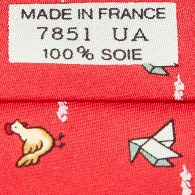 Pre Owned Hermès Red Whimsical Chickens Print Silk Classic Tie