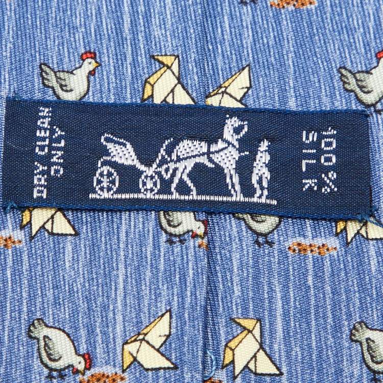 Pre Owned Hermès Blue Whimsical Chickens Print Silk Classic Tie