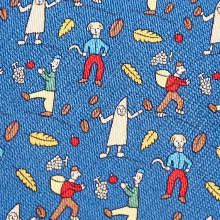Pre Owned Hermès Blue Les Vendanges Print Silk Classic Tie