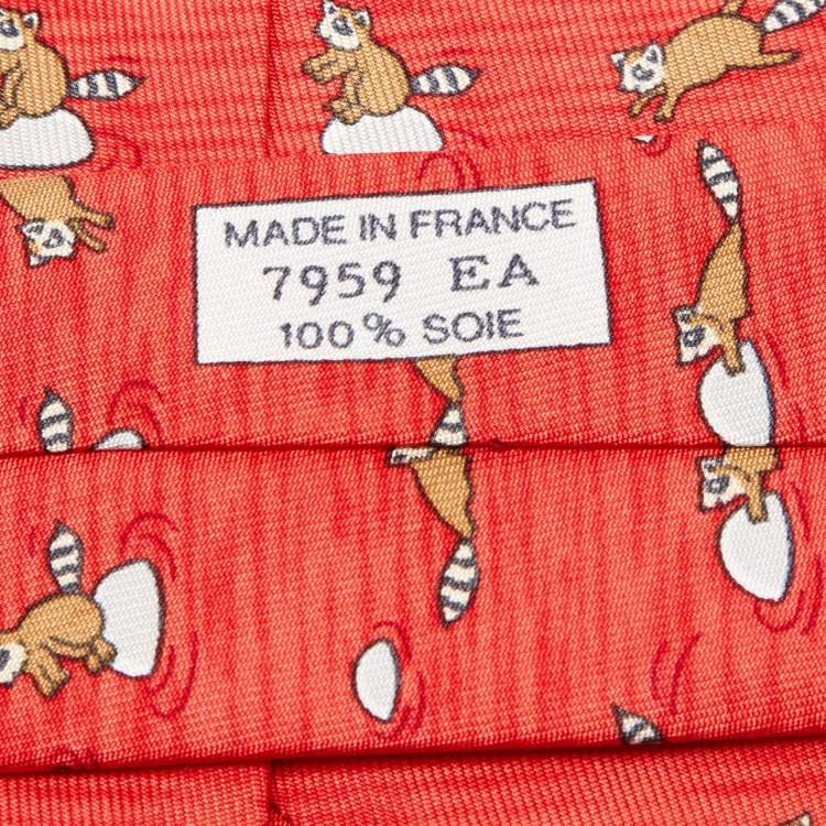 Pre Owned Hermès Orange Raccoon Print Silk Classic Tie