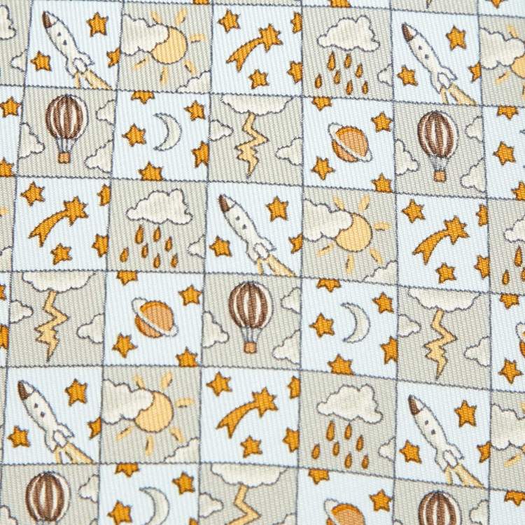 Pre Owned Hermès Multicolor Whimsical Space and Weather Pattern Silk Classic Tie