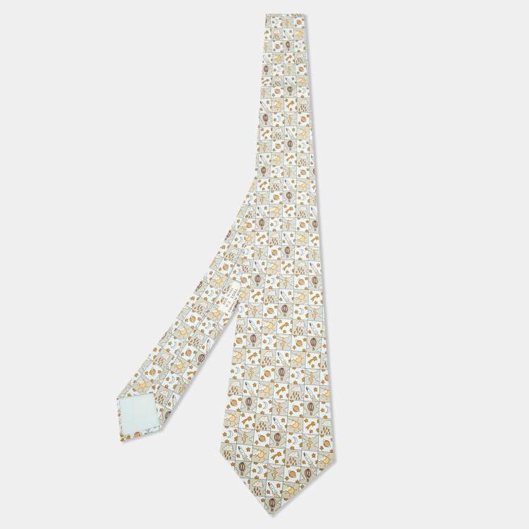 Pre Owned Hermès Multicolor Whimsical Space and Weather Pattern Silk Classic Tie