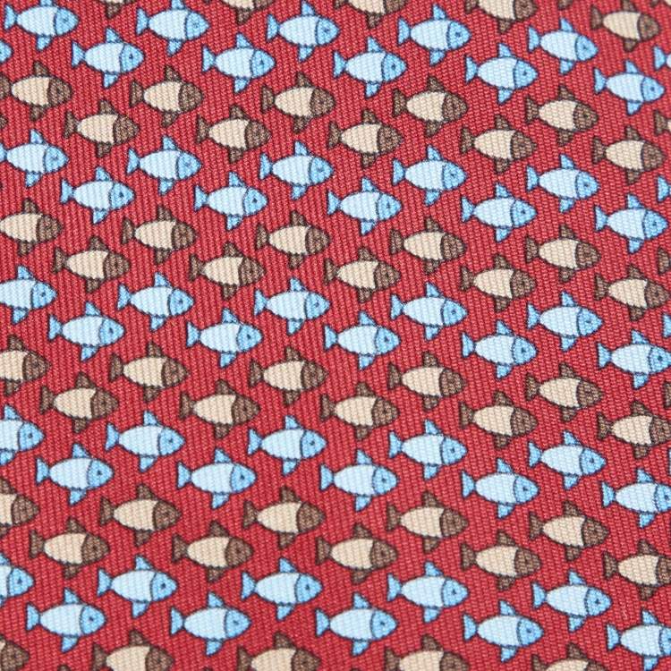 Pre Owned Hermès Red Printed Fish Silk Classic Tie