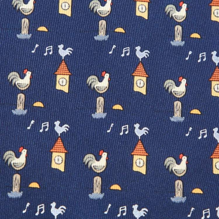 مملوكة مسبقًا Hermès Blue Rooster Clock Print Silk Classic Tie