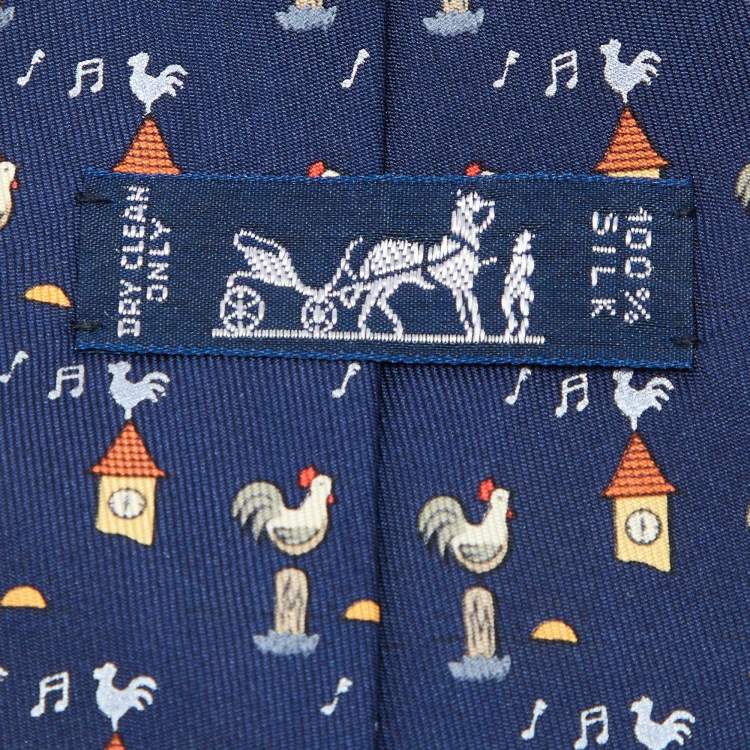 مملوكة مسبقًا Hermès Blue Rooster Clock Print Silk Classic Tie
