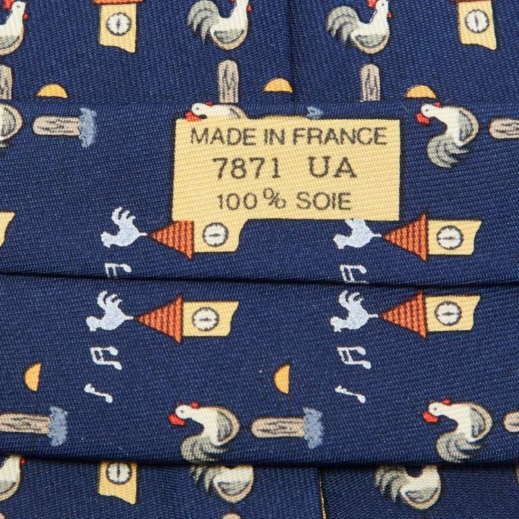 مملوكة مسبقًا Hermès Blue Rooster Clock Print Silk Classic Tie