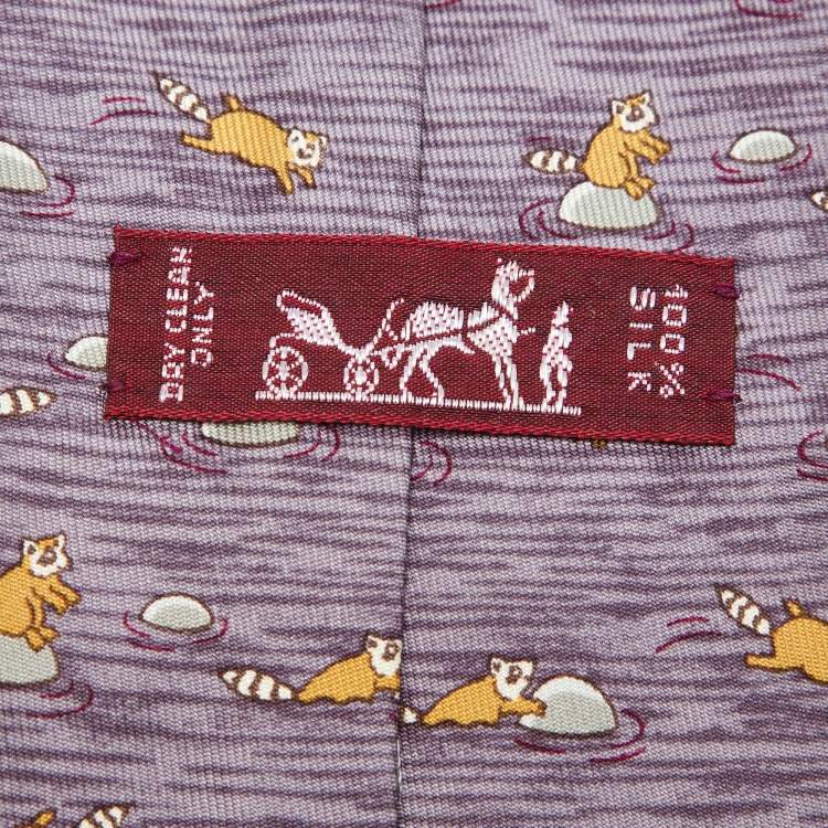 Pre Owned Hermès Purple Raccoon Print Silk Tie