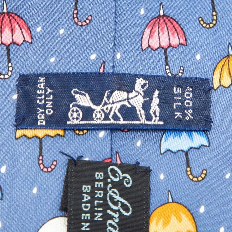 Pre Owned Hermès Blue Umbrella Print Silk Tie
