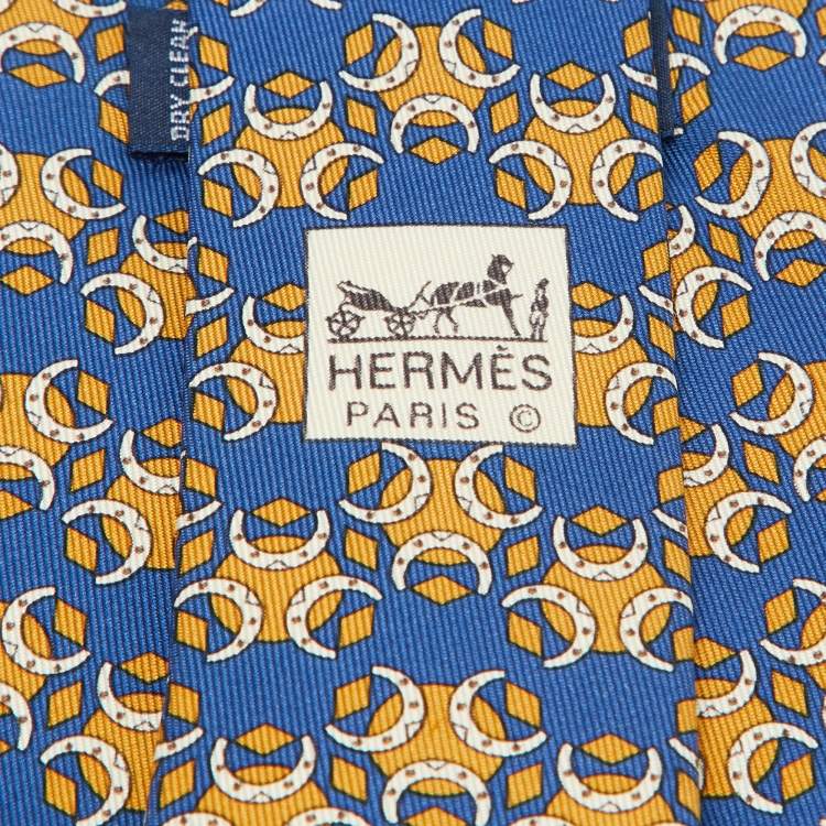 Pre Owned Hermes Dark Blue Horseshoe Print Silk Tie