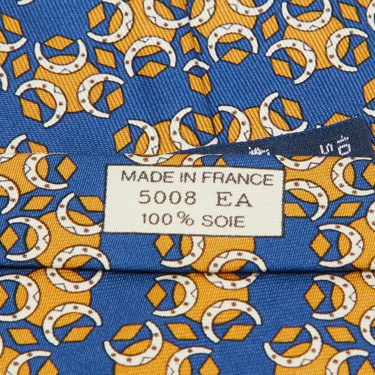 Pre Owned Hermes Dark Blue Horseshoe Print Silk Tie