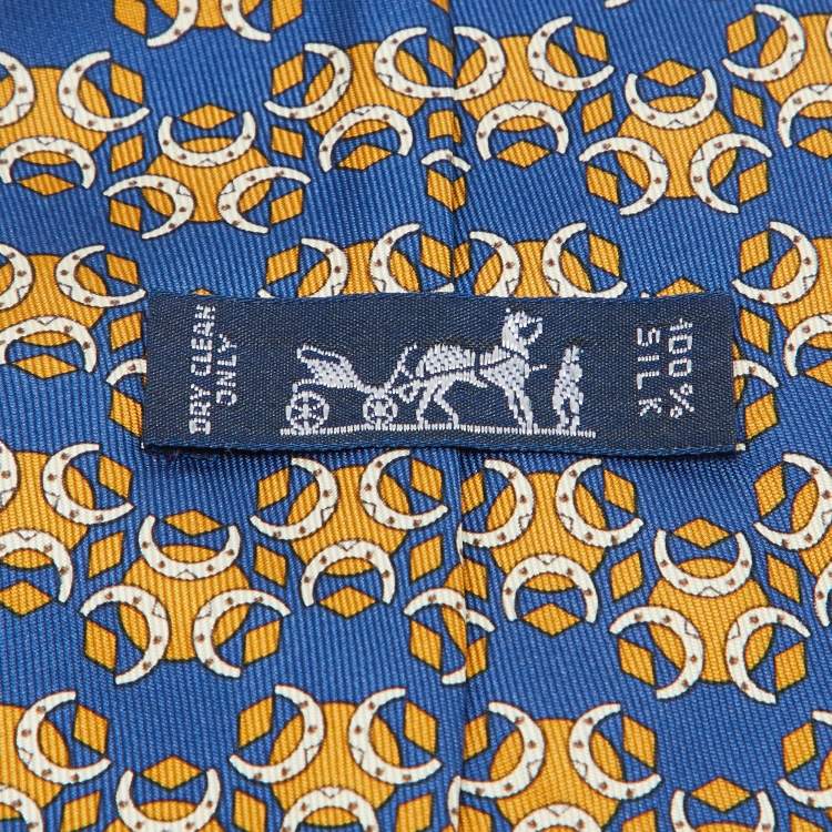 Pre Owned Hermes Dark Blue Horseshoe Print Silk Tie