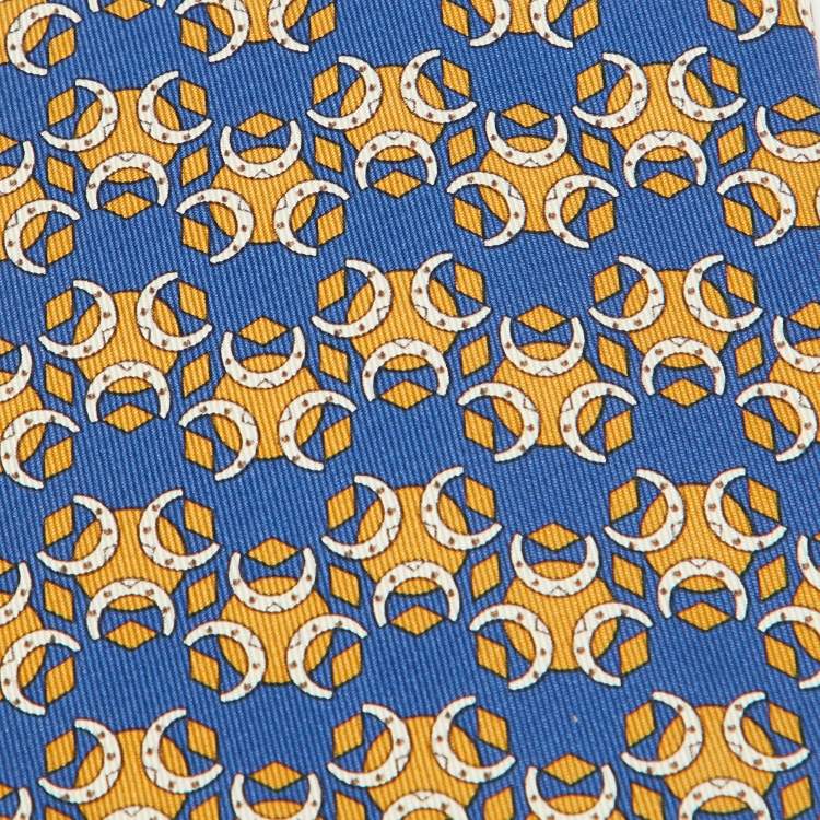 Pre Owned Hermes Dark Blue Horseshoe Print Silk Tie