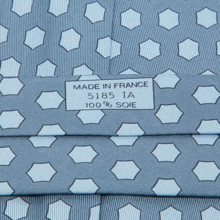 Pre Owned Hermes Blue Hexagon Print Silk Tie