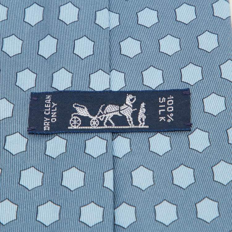 Pre Owned Hermes Blue Hexagon Print Silk Tie