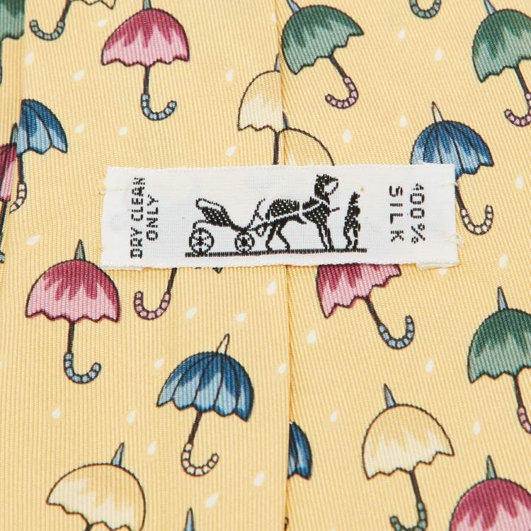 Pre Owned Hermes Yellow Umbrella Print Silk Tie