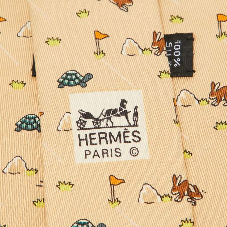 Pre Owned Hermes Beige Turtle & Hare Race Print Silk Tie
