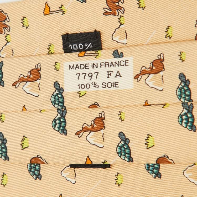 Pre Owned Hermes Beige Turtle & Hare Race Print Silk Tie
