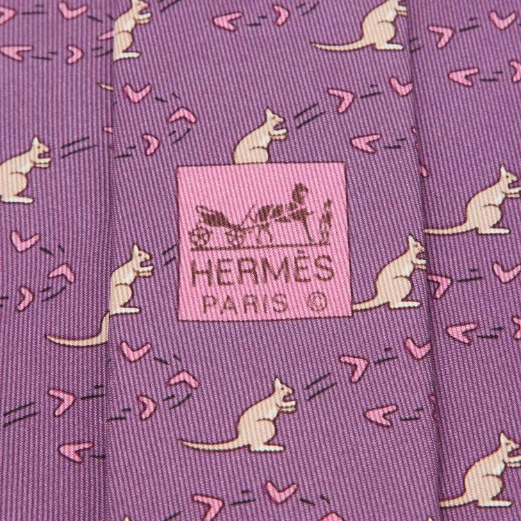 Pre Owned Hermes Purple Kangaroo Print Silk Tie