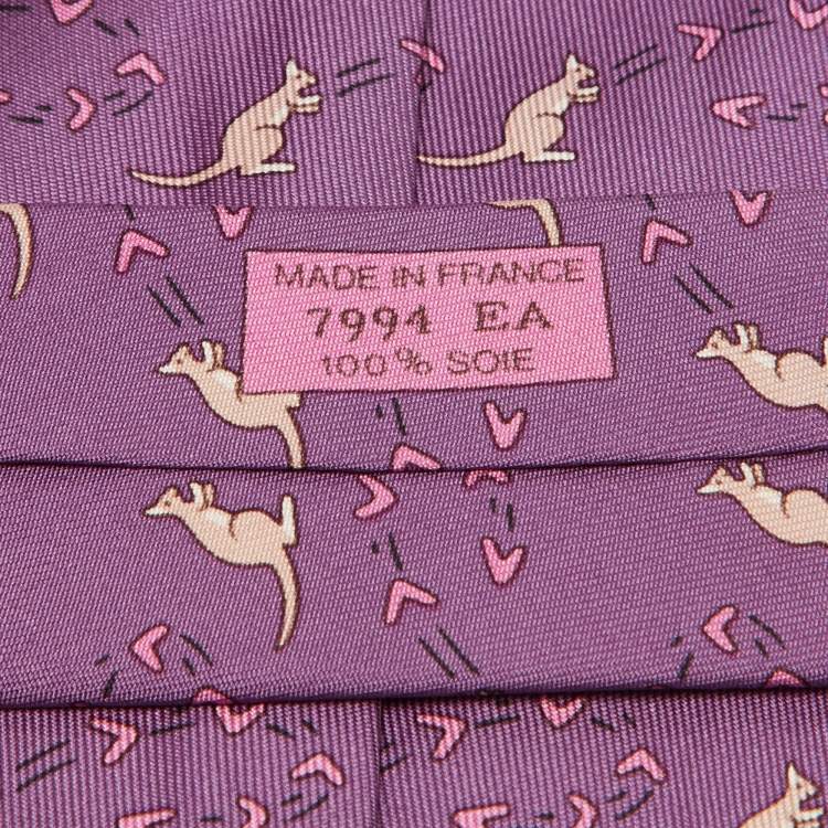 Pre Owned Hermes Purple Kangaroo Print Silk Tie