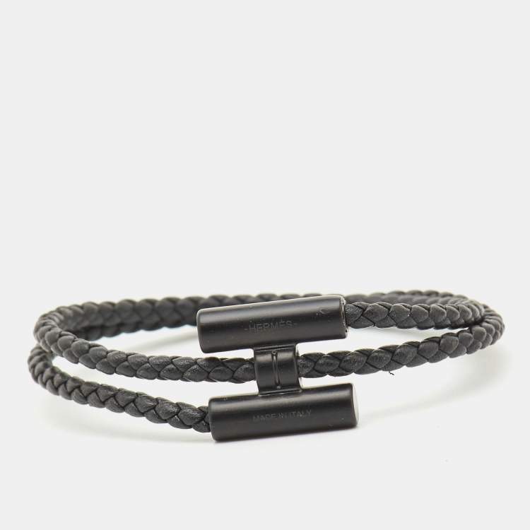 Pre Owned Hermes Black Woven Leather H Tournis Tresse Bracelet