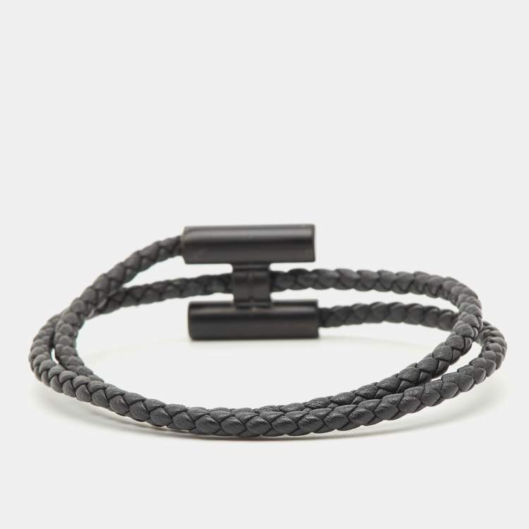 Pre Owned Hermes Black Woven Leather H Tournis Tresse Bracelet