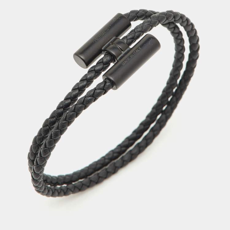 Pre Owned Hermes Black Woven Leather H Tournis Tresse Bracelet