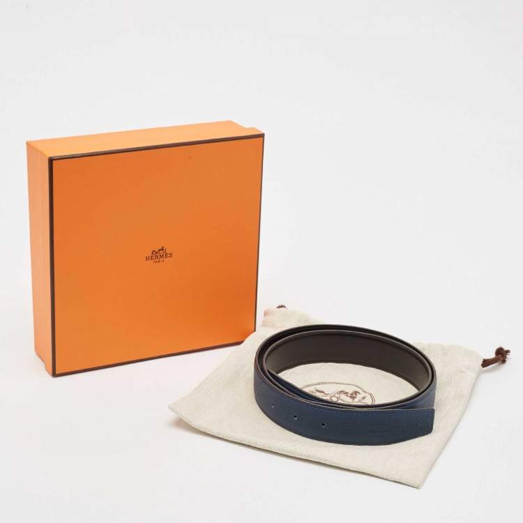Pre Owned Hermes Bleu/Noir Evergrain and Box Leather Reversible Belt Strap 90 CM
