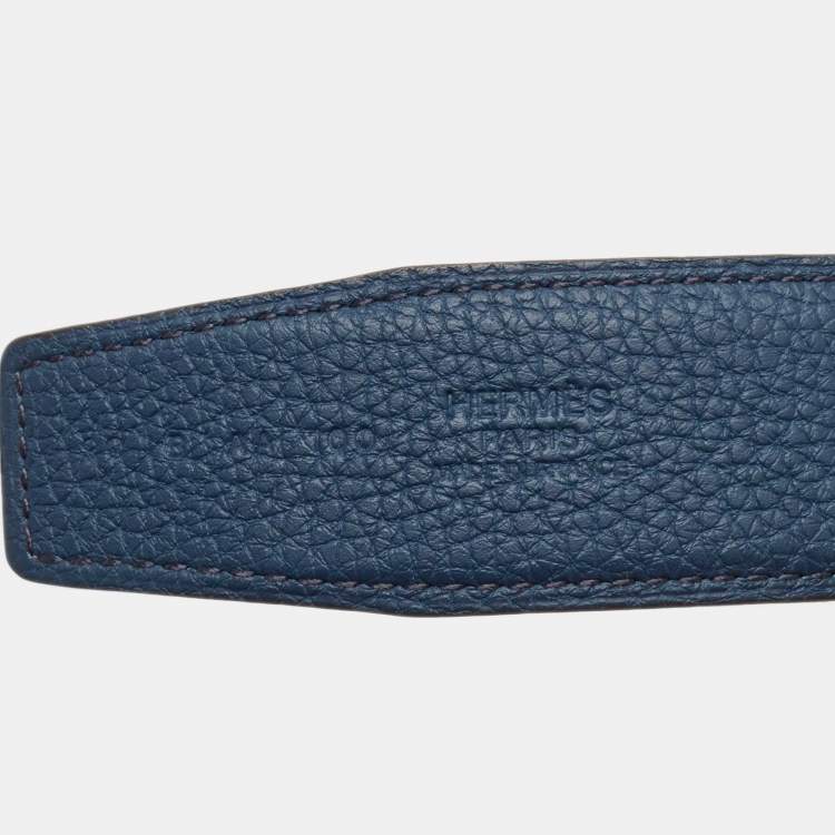 Pre Owned Hermes Bleu/Noir Evergrain and Box Leather Reversible Belt Strap 90 CM