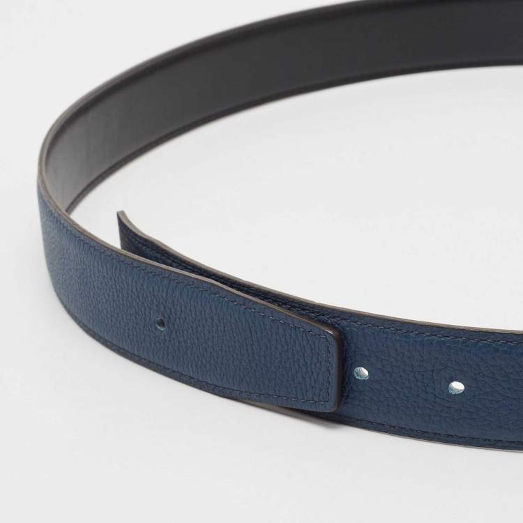 Pre Owned Hermes Bleu/Noir Evergrain and Box Leather Reversible Belt Strap 90 CM