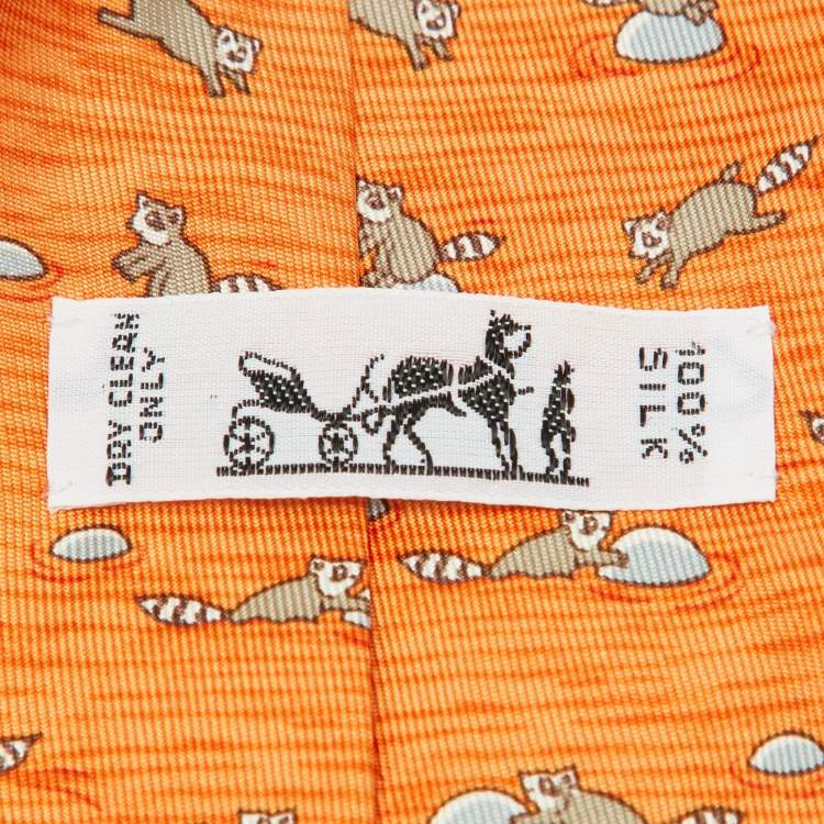 Pre Owned Hermes Orange Raccoon Print Silk Tie