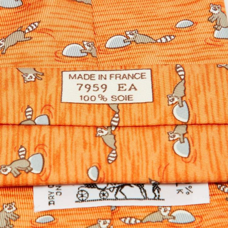 Pre Owned Hermes Orange Raccoon Print Silk Tie