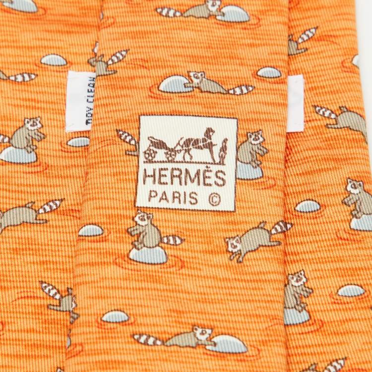 Pre Owned Hermes Orange Raccoon Print Silk Tie