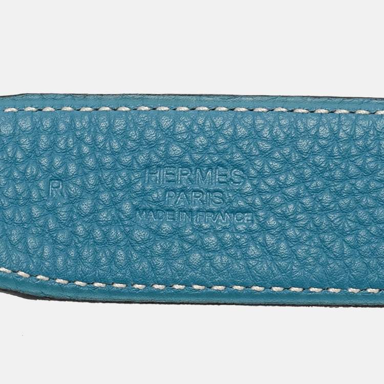 Pre Owned Hermes Bleu Jean/Noir Togo and Box Leather Enamel Quizz H Buckle Reversible Belt 90 CM