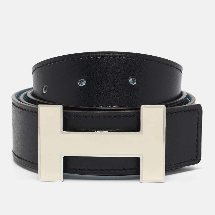 Pre Owned Hermes Bleu Jean/Noir Togo and Box Leather Enamel Quizz H Buckle Reversible Belt 90 CM