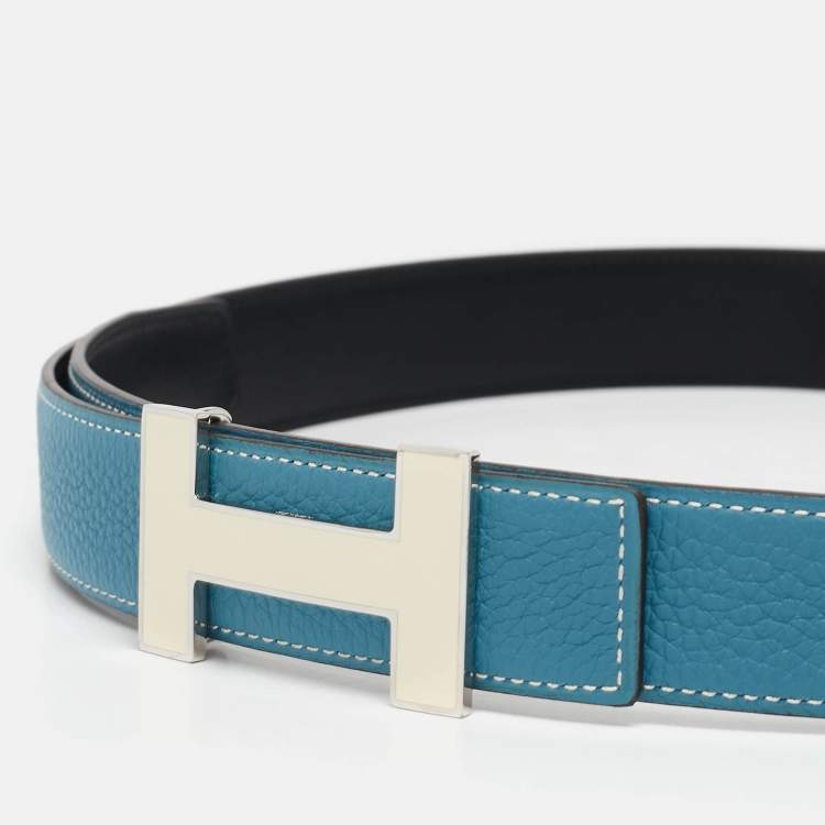 Pre Owned Hermes Bleu Jean/Noir Togo and Box Leather Enamel Quizz H Buckle Reversible Belt 90 CM